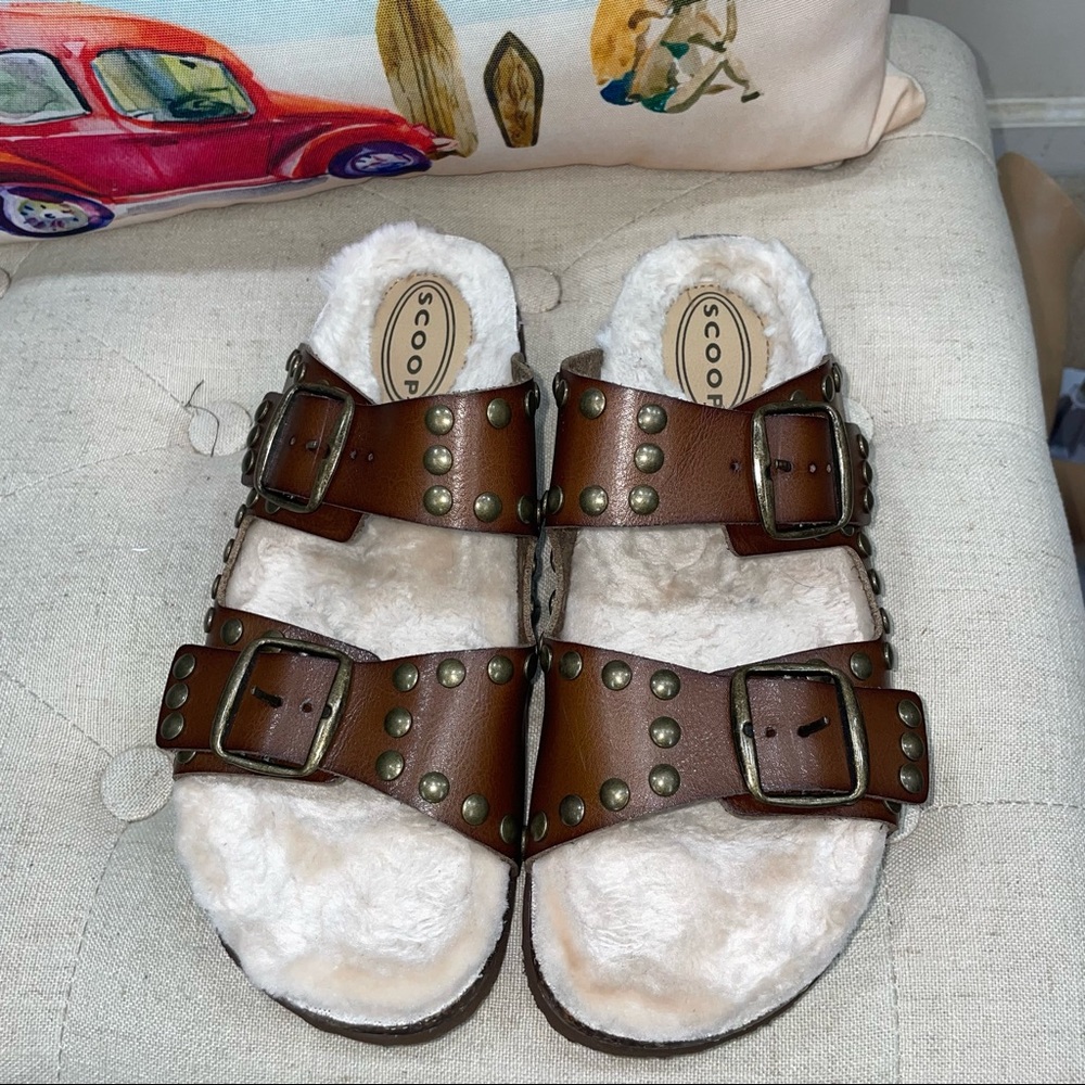 Scoop Women's Brown Studded Faux Shearling Double Strap Sandals Size 9 - Picture 7 of 12